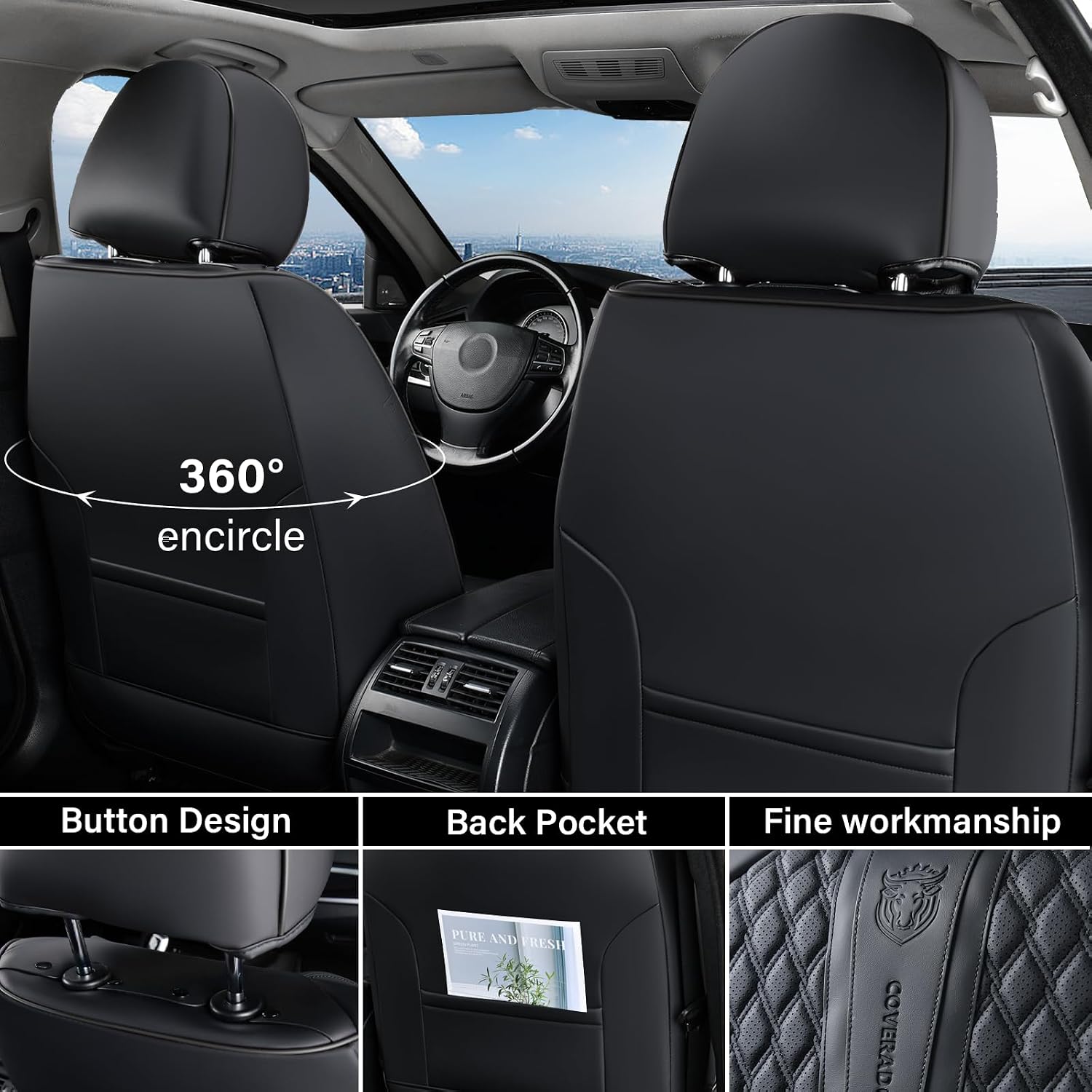 Coverado Car Seat Covers Full Set, Black Seat Covers for Car with Lumbar Support, Nappa Leather Seat Covers Waterproof Car Seat Protectors Universal Fit for Most Cars SUV Trucks