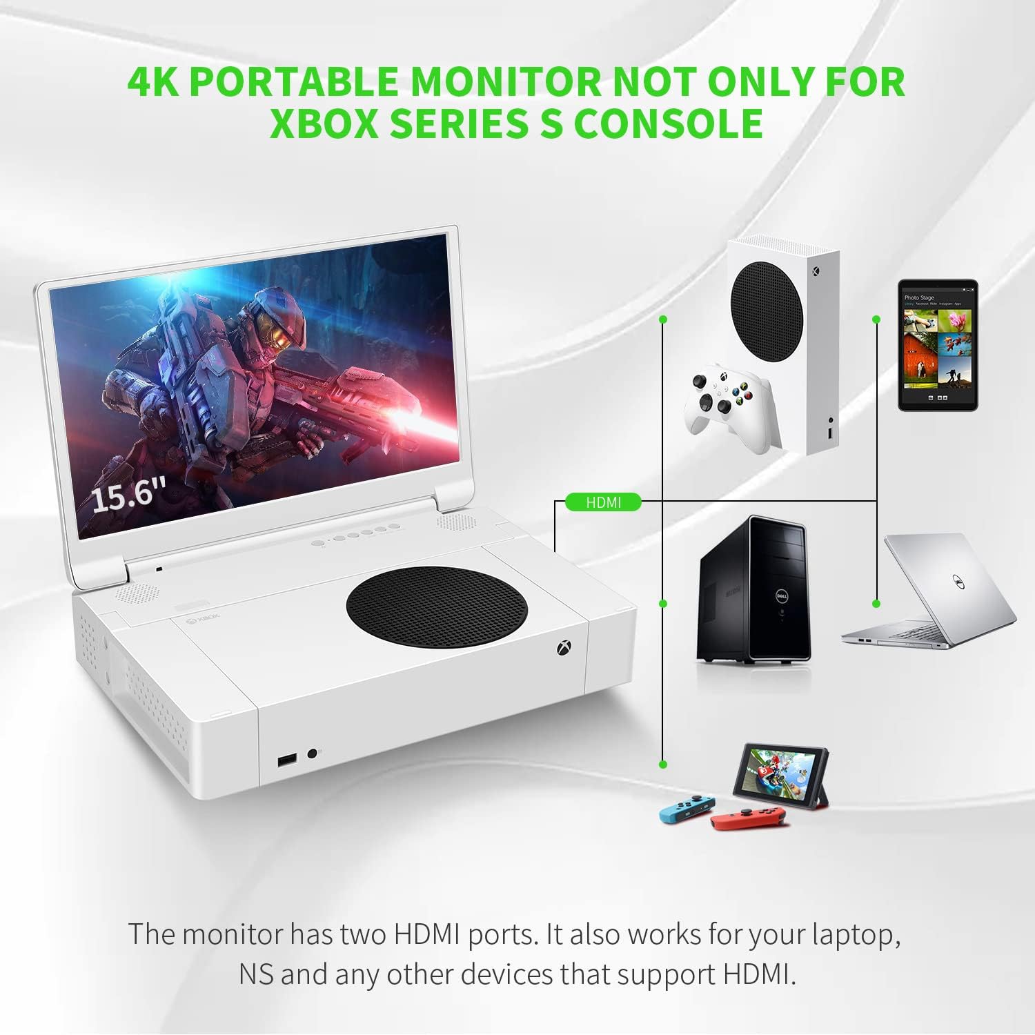 G-STORY 15.6' Portable Monitor for Xbox Series S 4K Portable Gaming Monitor IPS Screen for Xbox Series S（not Included） with Two HDMI, HDR, Freesync Game Mode Travel Monitor