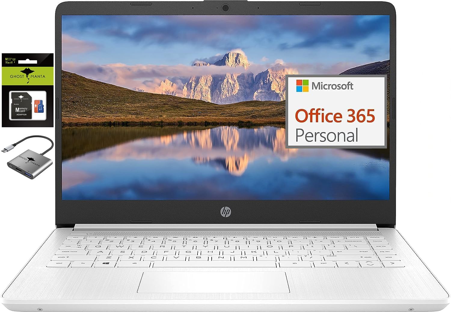 HP 14 Premium HD Portable Laptop Computer Students Business, Quad-Core Intel Celeron Processor, 16GB RAM, 320GB Storage(64GB eMMC+256GB Ghost Manta SD Card), 1 Year Office 365, HDMI, Win 11