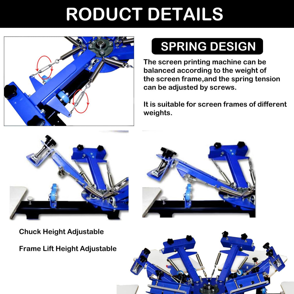 6 Color 6 Station Silk Screen Printing Press Machine Screen Printing Machine Screen Printer Machine 360° Rotation with Adjustable Height Stand