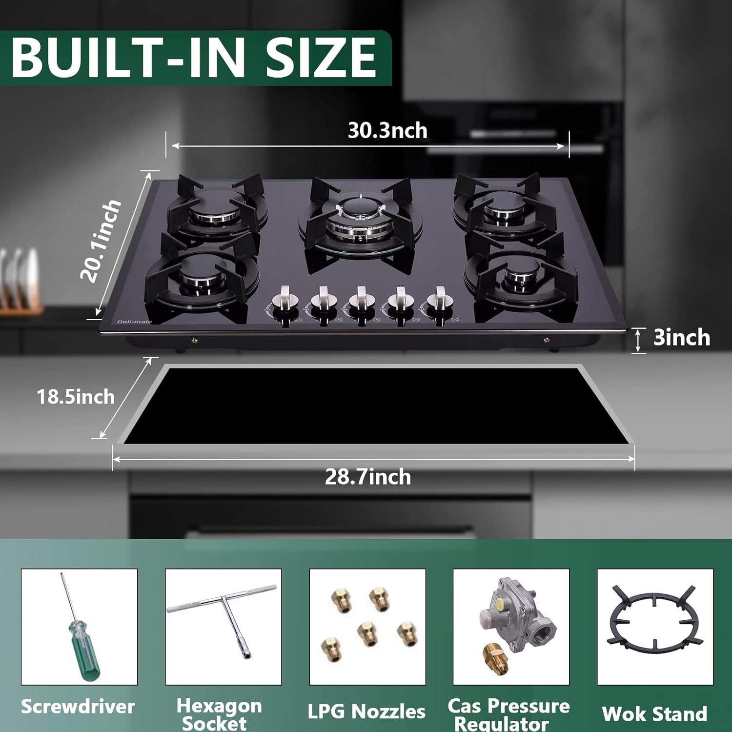 30 Inch Gas Cooktop, Built-in Tempered Glass 5 Burners Gas Stovetop LPG/NG Convertible Gas Stove Top Dual Fuel Gas Hob DM517-01