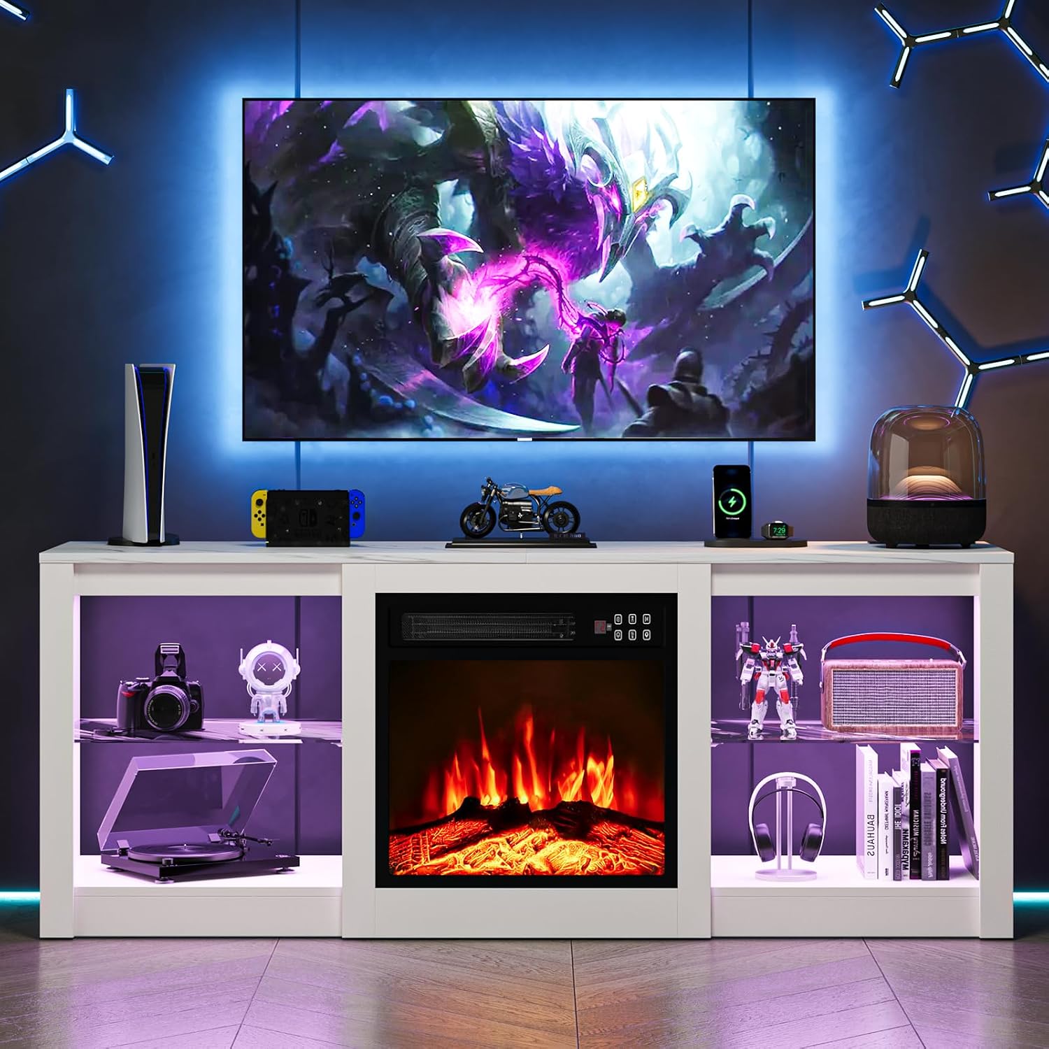EAG Fireplace TV Stand for 65' TV, TV Stand with 18' Electric Fireplace, Entertainment Center with Glass Shelves, LED Lights and Power Outlets, Media TV Console for Living Room, White