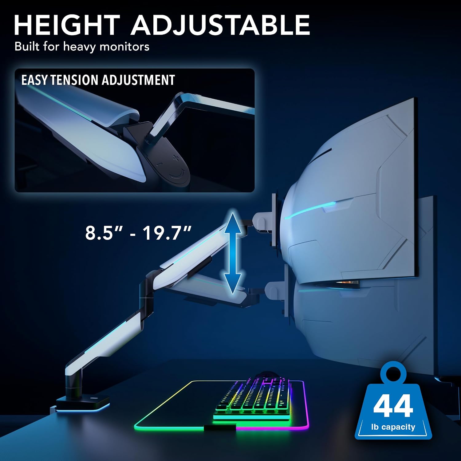 Mount-It! Heavy-Duty Ultrawide Monitor Arm up to 49', 44 lb Capacity, Desk Mount for Curved & Widescreen Monitors, Compatible with Samsung Odyssey G9, Gas Spring, RGB Lighting, VESA 75x75 & 100x100