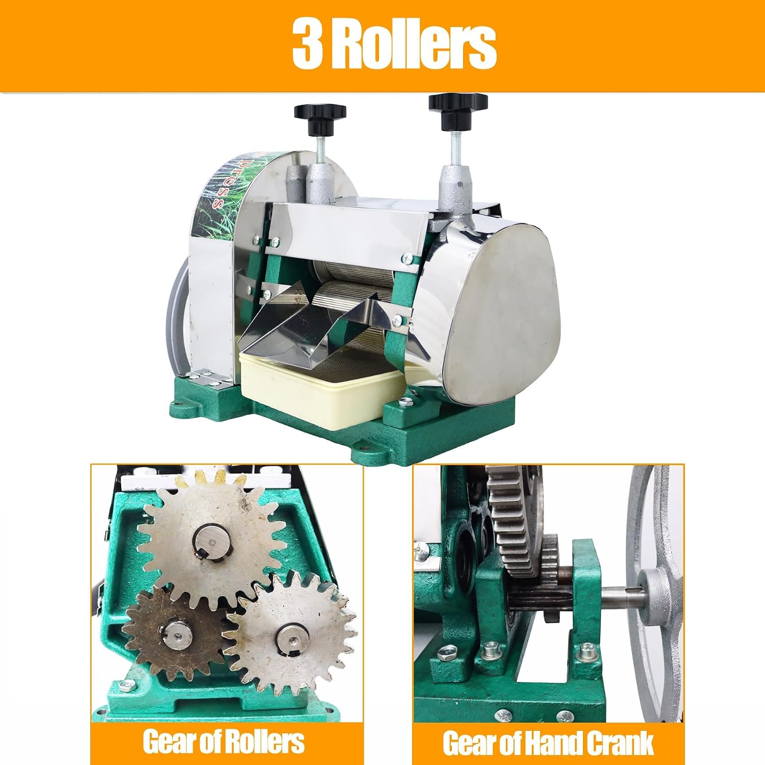 TECHTONGDA Manual Sugar Cane Juice Machine, Stainless Steel Sugarcane Press Juicer, Commercial Ginger Press Extractor with Handwheel & 2 Peeling Knives for Homes Shops