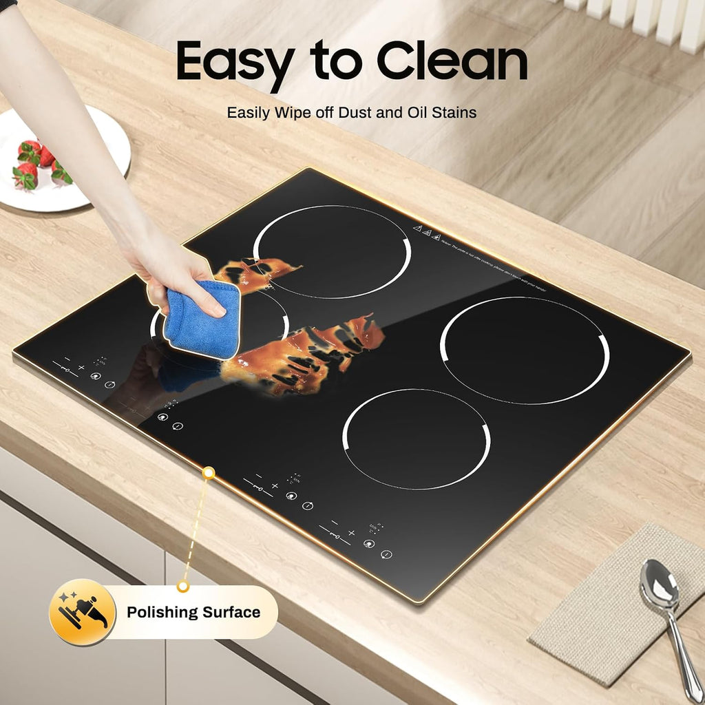 Electric Ceramic Cooktop with 4 Burners, 4-Head Induction Cooker, Countertop & Built-In Ceramic Cooktop, Electric Stove Top with 9 Power Gears, Touch-Adjustable Control, Child Safety Lock