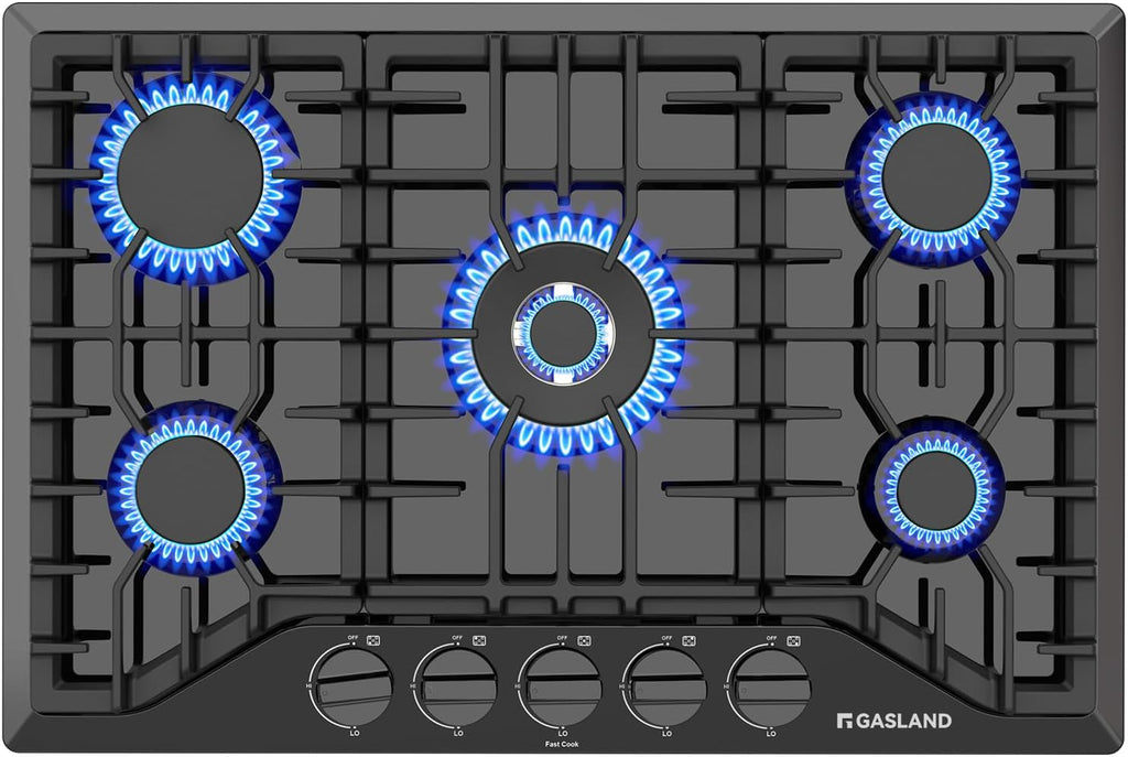 GASLAND Gas Cooktop 30 Inch Black, 5 Burner Propane Stove Top, Built-in Gas Cooktops NG/LPG Convertible, Plug-in with Thermocouple Protection, CSA Certified, Black