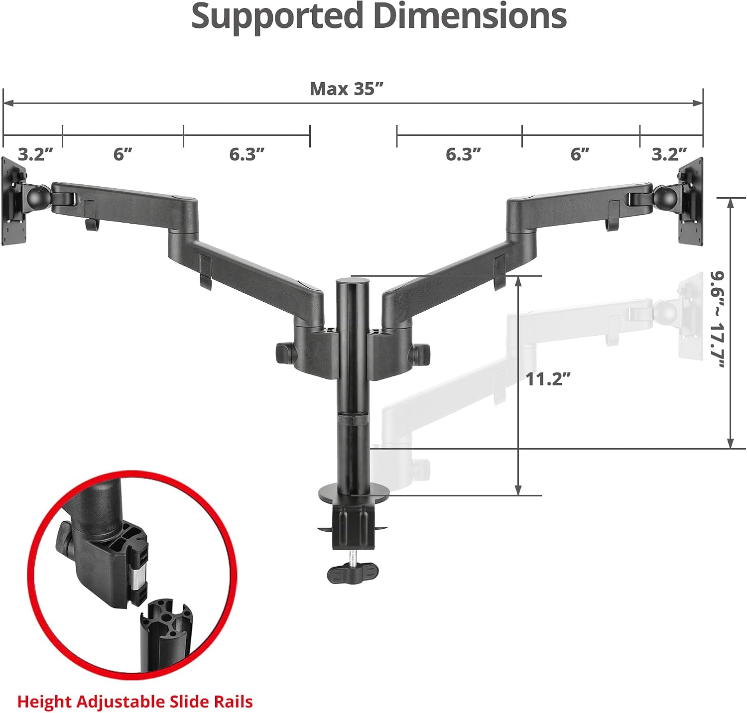SIIG Dual Monitor Desk Mount, Replaceable Articulating Arm, 14' to 30', Fully Adjustable, Fits Flat/Curved Monitor, Load Bearing 17.6 lbs max Each, VESA 75x75 100x100, C-Clamp & Grommet(CE-MT3E11-S1)