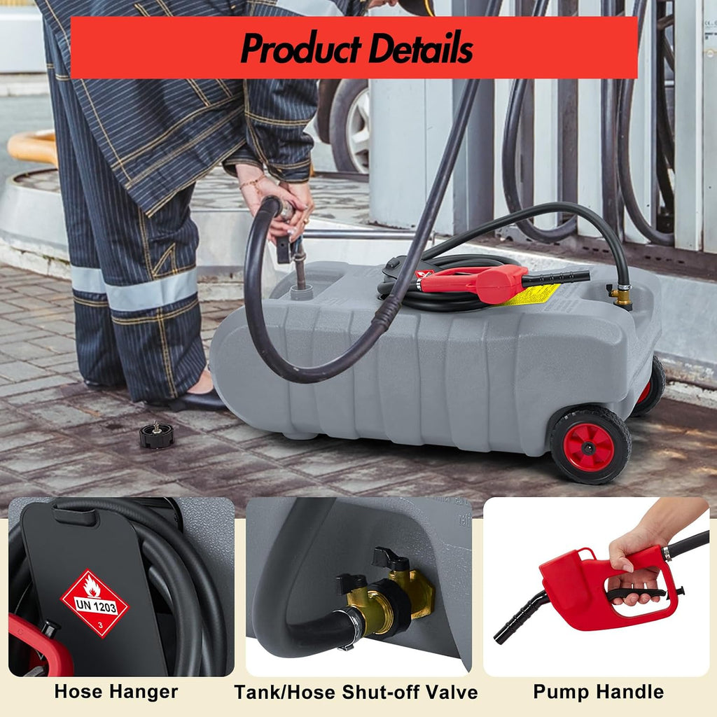 15 Gallon Portable Gas Tank with Caster,LE Fluid Transfer Siphon Pump,Fuel Caddy With 10Ft Hose. Delivery Hose Diesel Fuel Gas Can for Cars, Lawn Mowers, Boats Red/Gray/Yellow, Portable Diesel Can