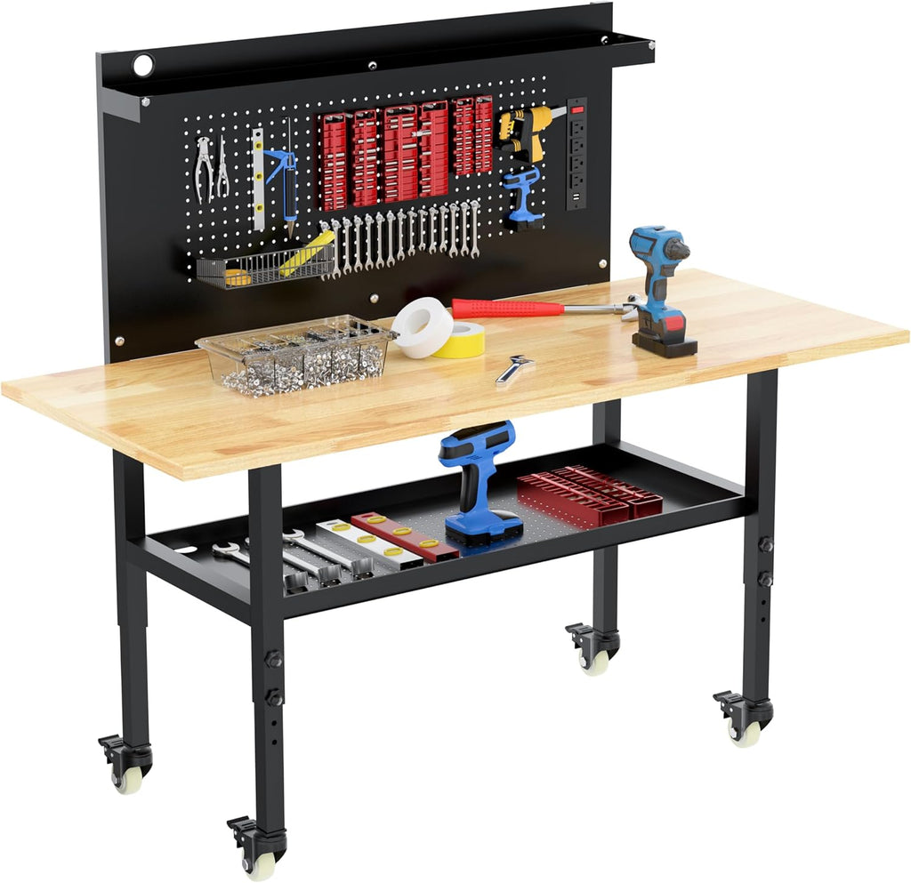 60' Heavy Duty Adjustable Workbench with Large Pegboard& Partition, Adjustable Work Table with Power Outlets & Lockable Wheels, Rubber Wood Workstation for Garage, Workshop, Office, Home, Commercial