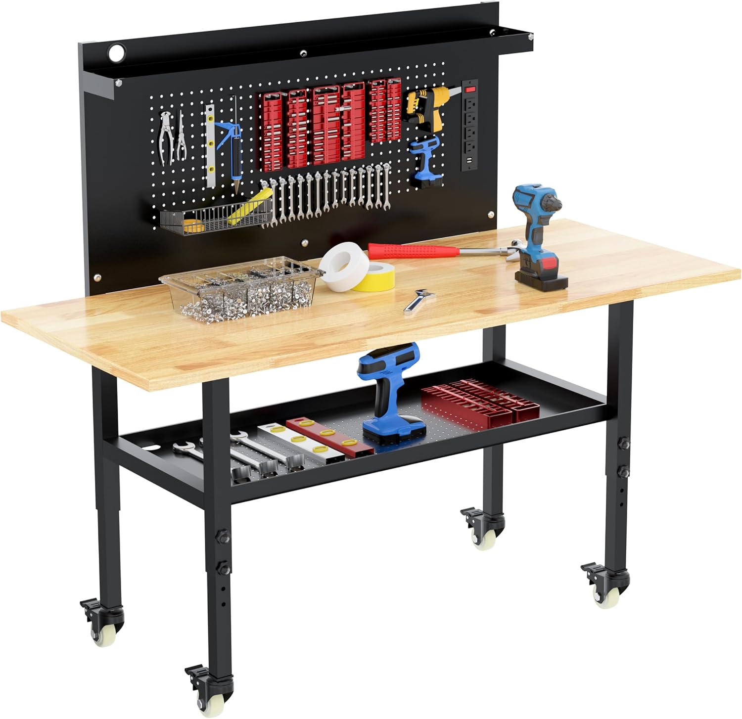 60' Heavy Duty Adjustable Workbench with Large Pegboard& Partition, Adjustable Work Table with Power Outlets & Lockable Wheels, Rubber Wood Workstation for Garage, Workshop, Office, Home, Commercial