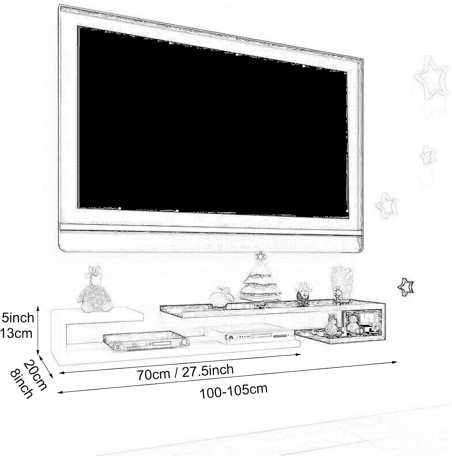 Wall Shelf Wall mounted TV Shelf Decorative Wall Display Floating Shelf TV Stand TV Console Audio-visual Equipment Shelves Set-top box WiFi Router CD DVD Media Storage Shelf Home Entertainment Center