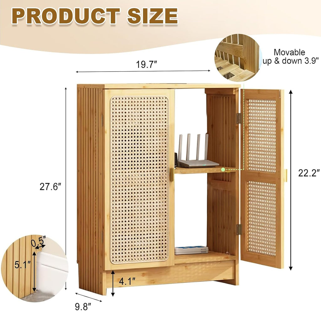 Jueraori WiFi Router Storage Cabinet with Adjustable Shelves, 2-Tier Bamboo Rattan Standing Modem Organizer Box for Home & Office, No Back Panel, 27.6' x 19.7' x 9.8'