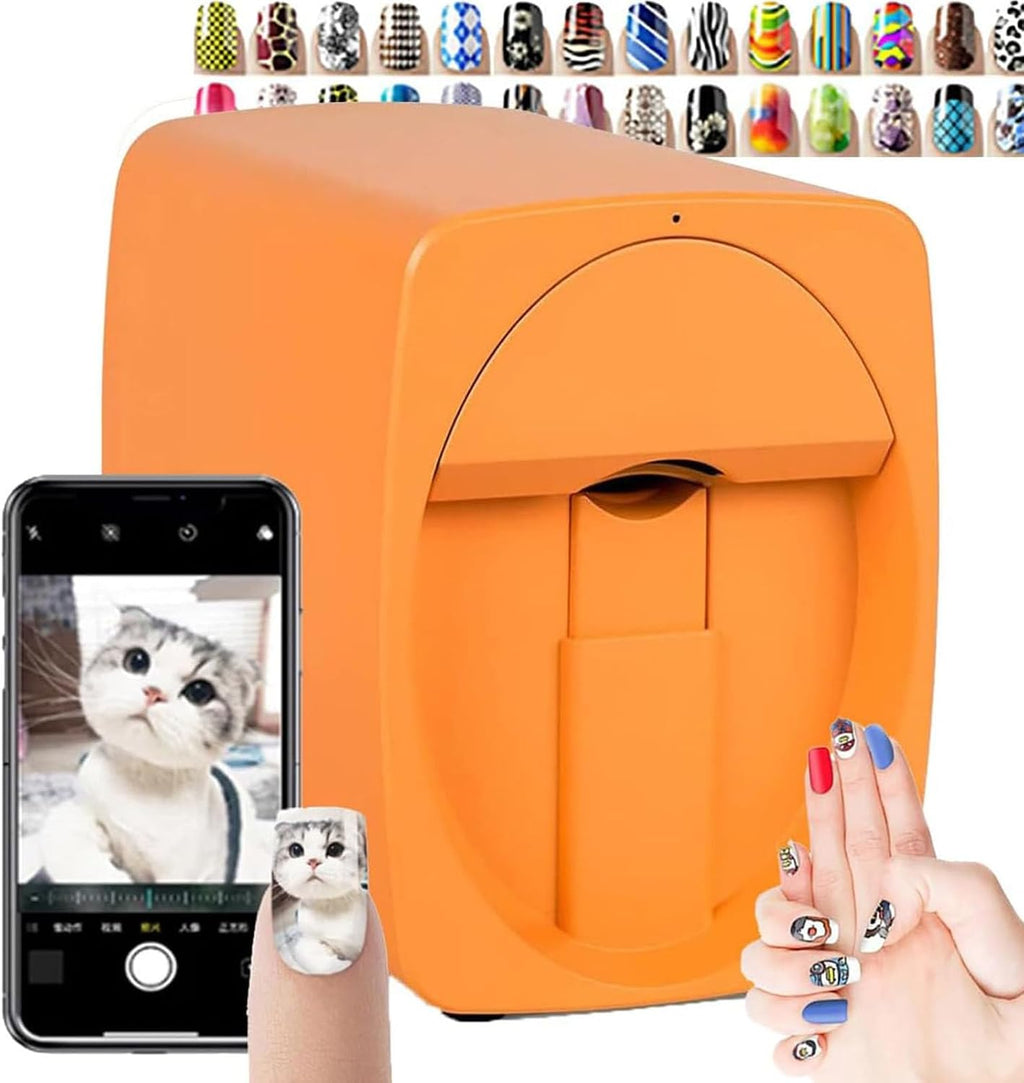 Nail Printer,3D Smart Automatic Nail Printer,Nail Pattern Printer,Multi-Function Portable Mobile Nail Painting Machine,Suitable for Children (Orange)