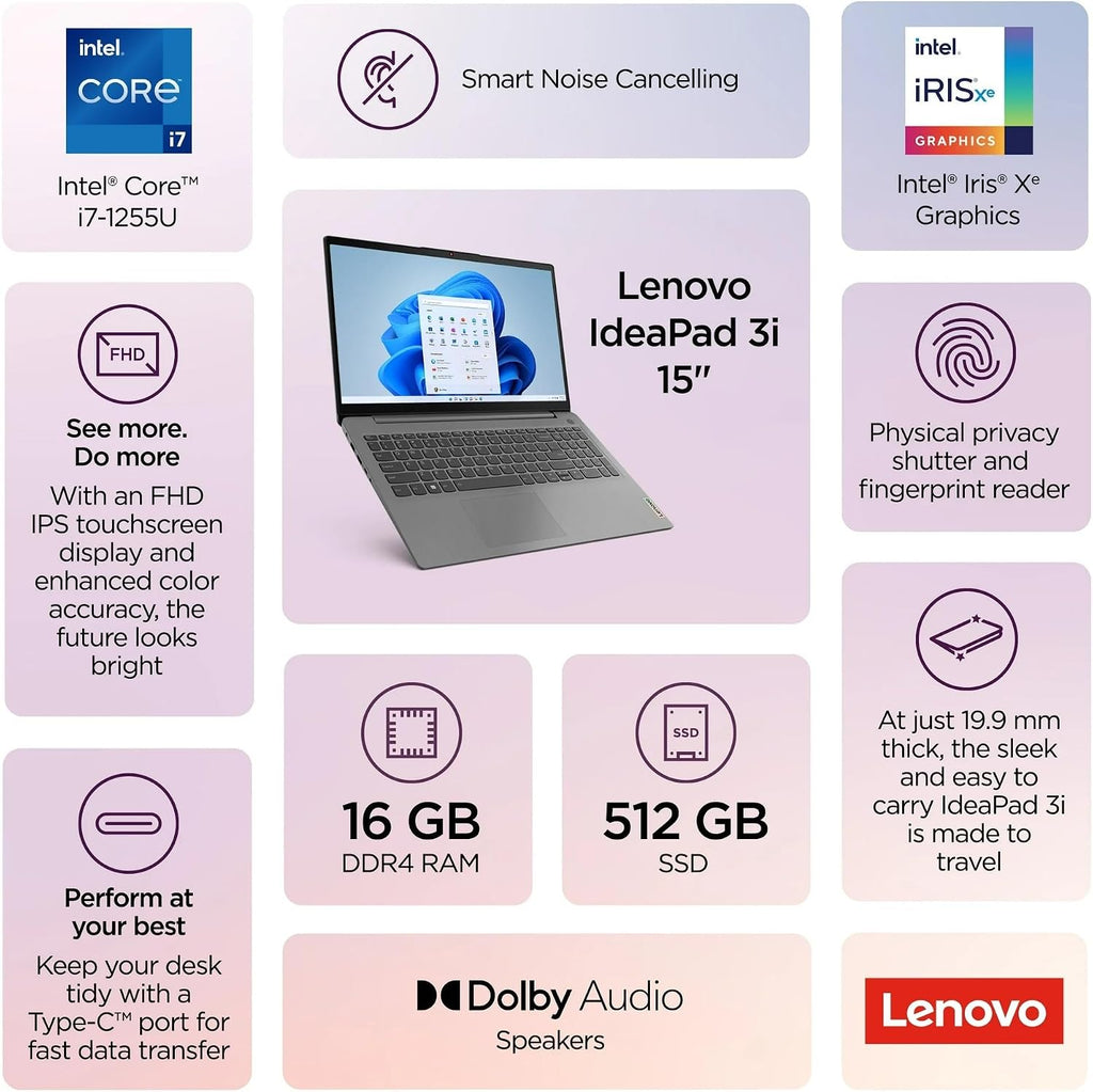 Lenovo Idea Pad 3 Touchscreen Laptop in Grey Intel 10-core i7 up to 4.7Ghz 15.6in FHD 16GB RAM 512GB SSD Win 11 (ID3i7 - Renewed)
