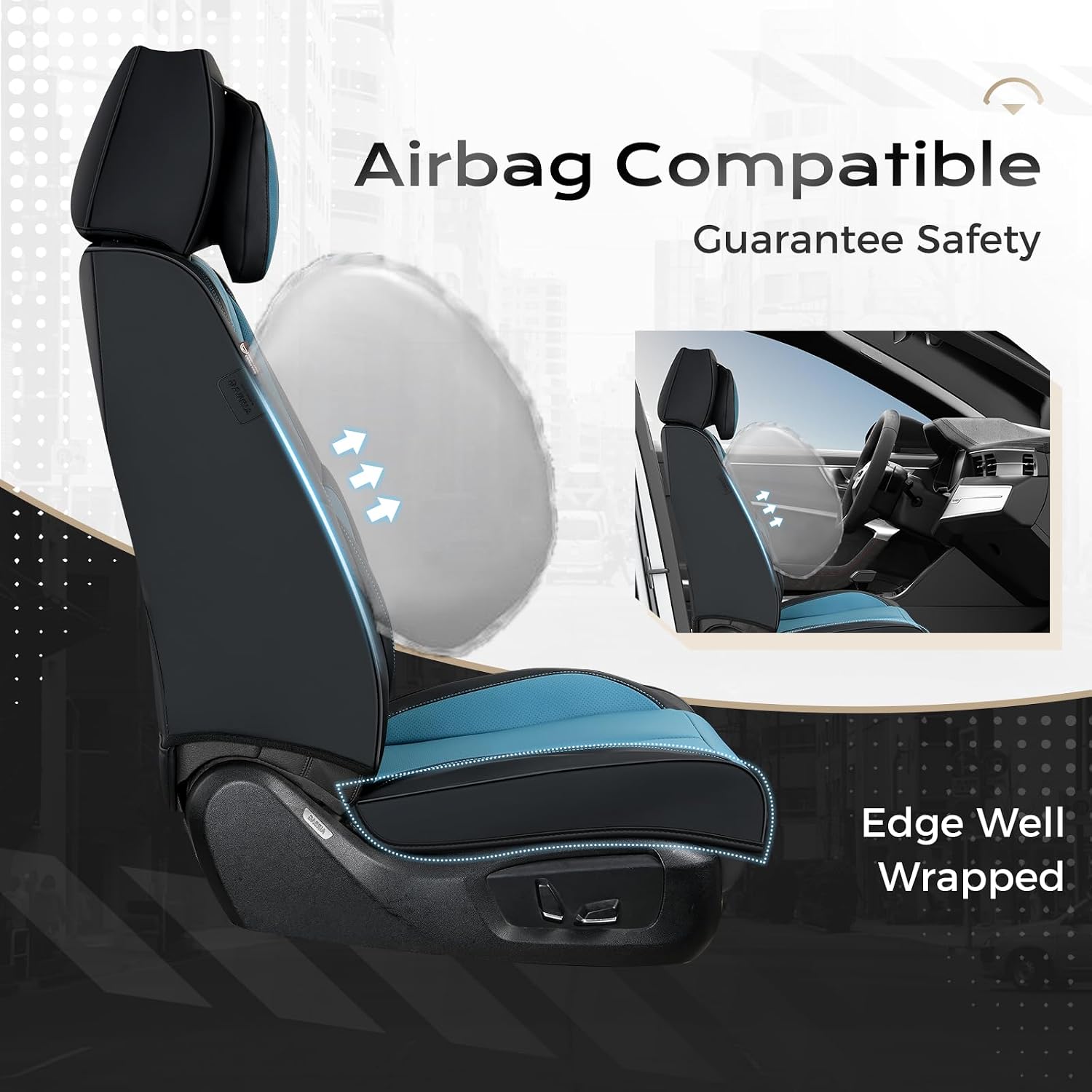 Coverado Seat Covers Full Set, Seat Covers for Cars, 5 Seats Waterproof Nappa Leather Car Seat Covers with Head Pillow, Seat Protectors Car Seat Cushion Universal Fit for Most Cars (Black&Blue)
