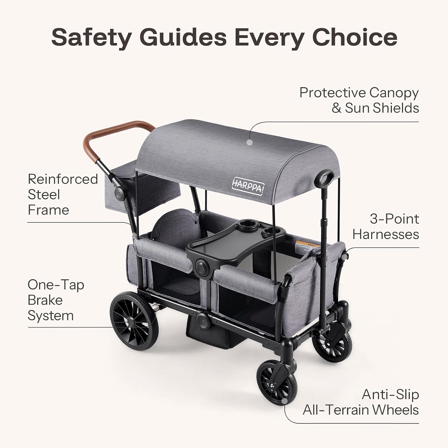 HARPPA All-Terrain Wagon Stroller for 2 Kids, Foldable Outdoor & Beach Stroller Wagon with Removable Canopy, Adjustable Push & Pull Handle, Footwell & Large Storage, Grey
