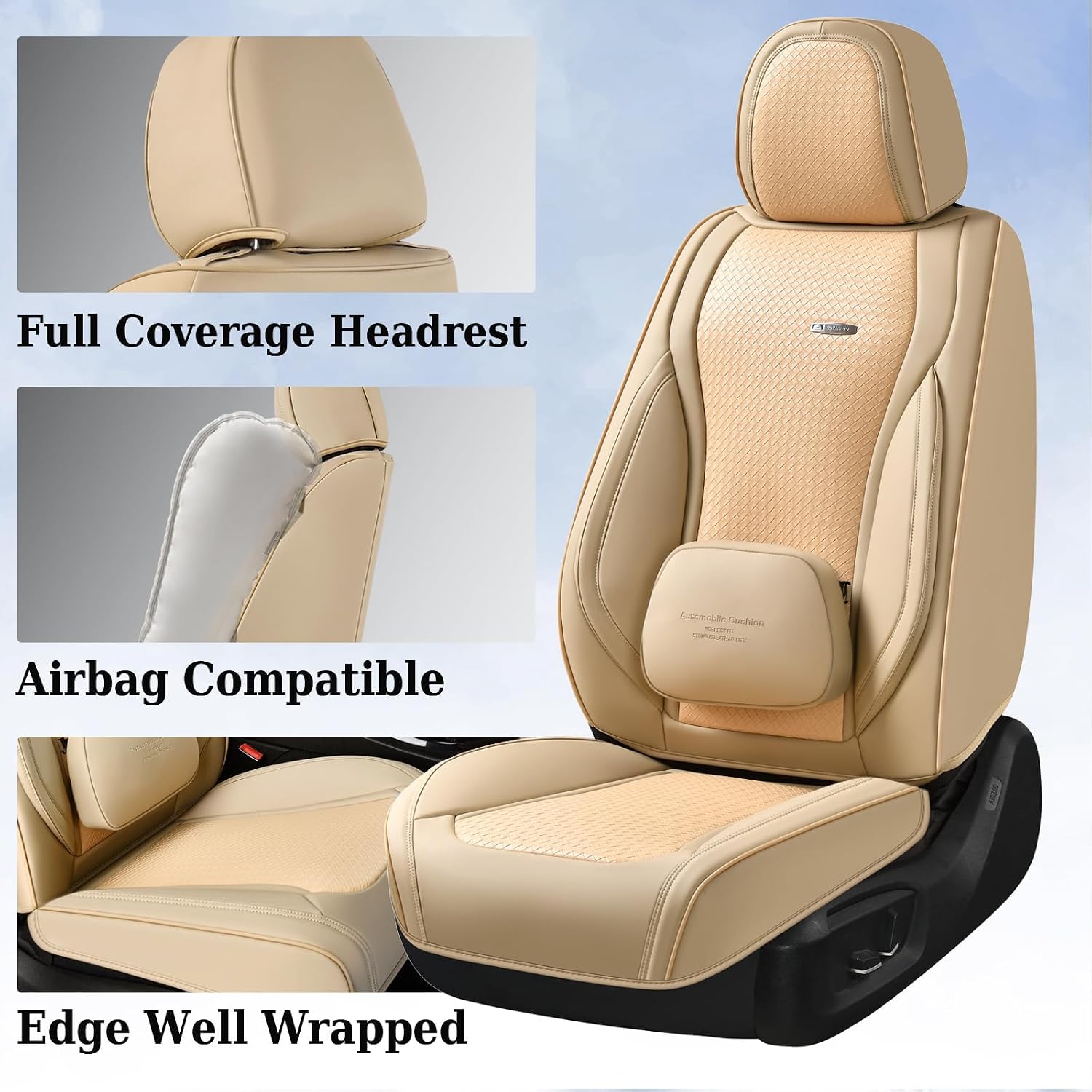 Coverado Car Seat Covers Full Set, Beige Seat Covers for Cars, Waterproof Nappa Leather Automotive Seat Covers with Lumbar Head Pillow, Car Seat Protectors, Universal Fit for Most Cars SUV