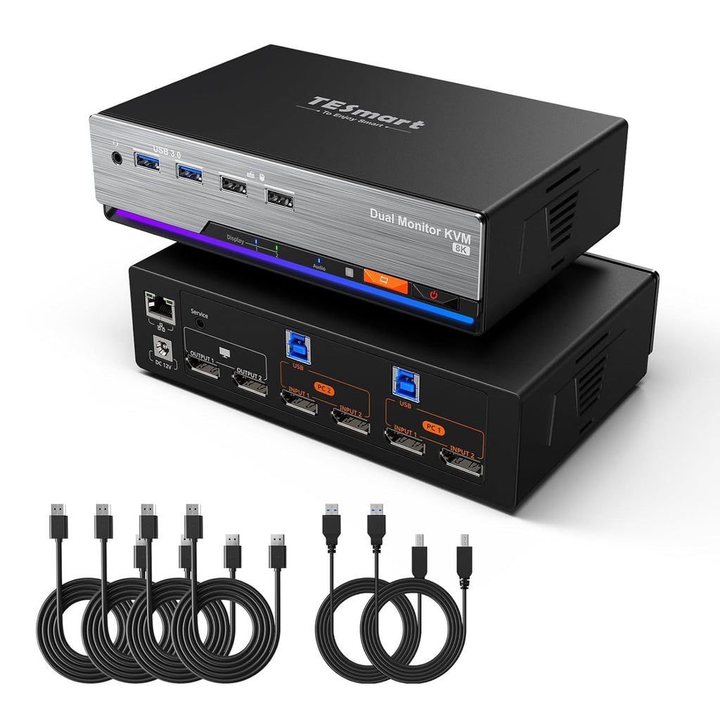 TESmart 8K@60Hz DP KVM Switch 2 Monitors 2 Computers EDID, DP 1.4 KVM Switch Dual Monitor 4K@144Hz for Gaming Dock, Support USB3.0, Gigabit Network, Hotkey Switch, Audio & Mic with All Input Cables