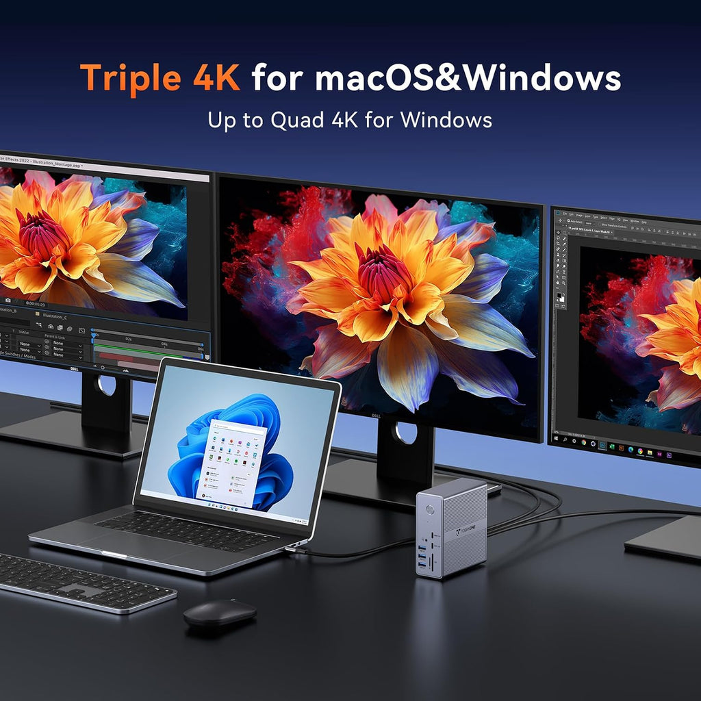 TobenONE DisplayLink Docking Station 3 Monitors with 120W Power Adapter, Triple 4K Display for MacBook Pro/Air, Thunderbolt 4/3, USB-C Windows(3X HDMI, 3X DP, 2xUSB-C, 4xUSB 3.2, SD/TF)
