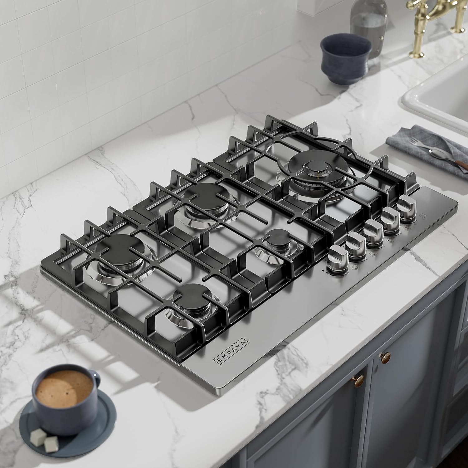 Empava 30 Inch Built-in Gas Cooktop with 5 Sealed SABAF Burners, Stainless Steel Surface, Ion Ignition, LPG/NG Convertible, Dishwasher Safe Grates