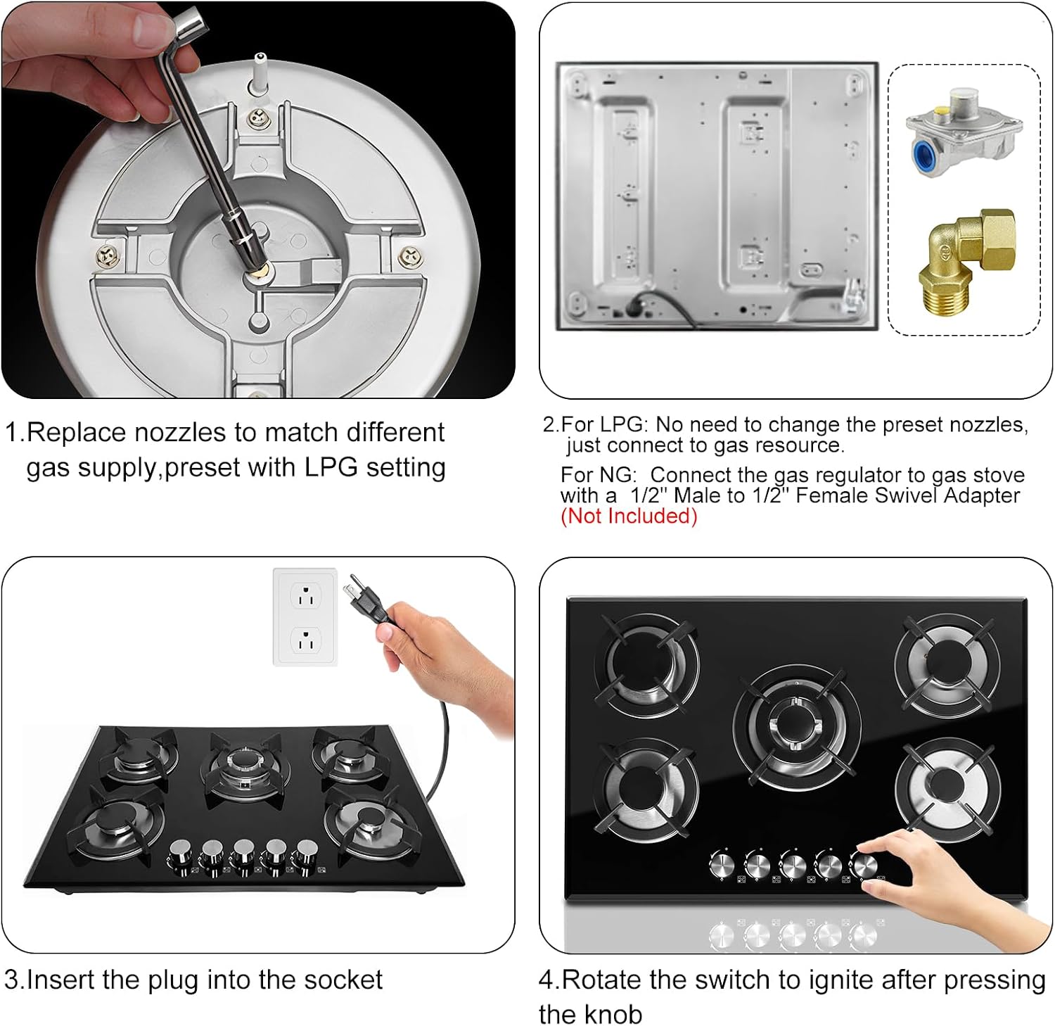 5 Burners Gas Stove 30inch, Built-in Kitchen Gas Stovetop with NG/LPG Conversion Kit, Glass Top Gas Burner (30in x 20.5in)