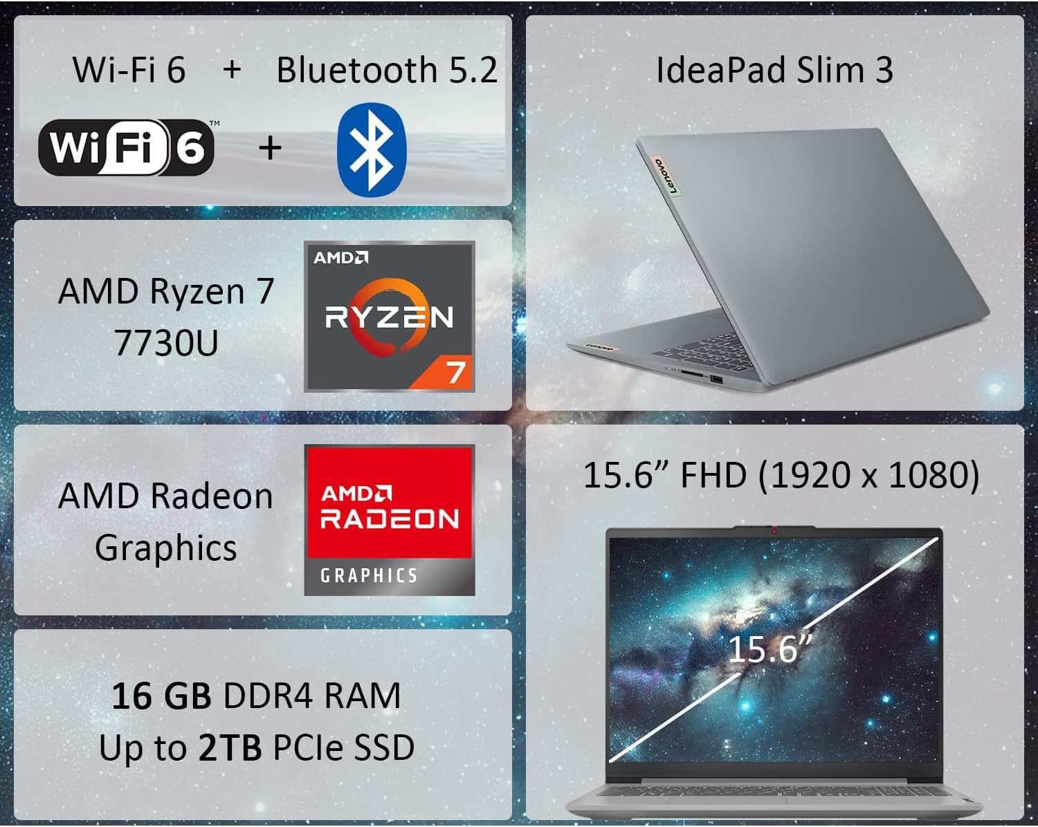 Lenovo IdeaPad Slim 3 15.6 Laptop | 2025/2026 Edition | AMD Ryzen 7 7730U (Beats Intel Ultra 7 255U) | FHD Screen (1920 x 1080) | 16GB RAM | 2TB PCIe SSD | WiFi-6 | Ethernet RJ-45 | Windows 11