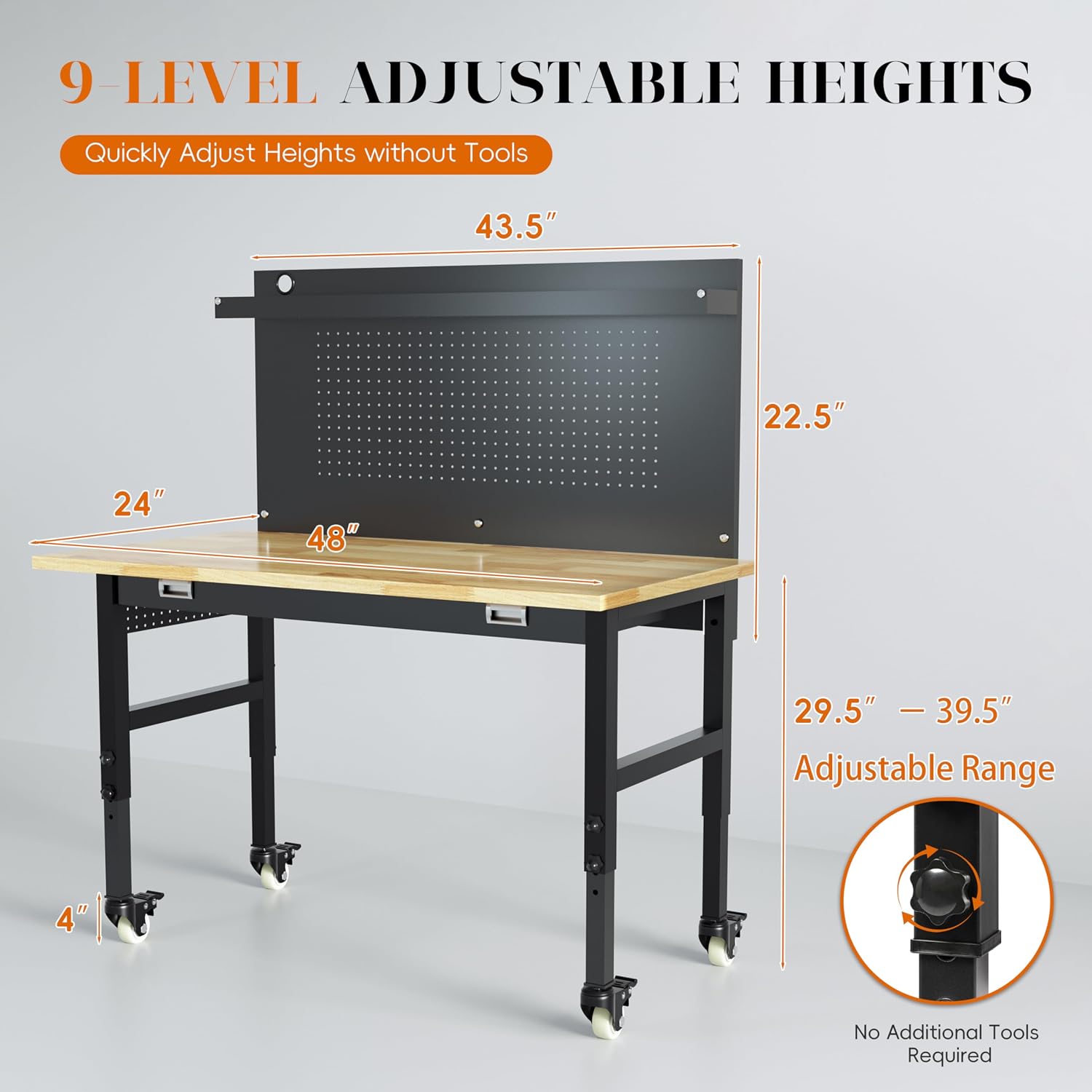 Betterhood 48' Heavy Duty Adjustable Workbench with Large Pegboard, Adjustable Work Table with Power Outlets & Lockable Wheels, Rubber Wood Workstation for Garage, Workshop, Office, Home, Commercial