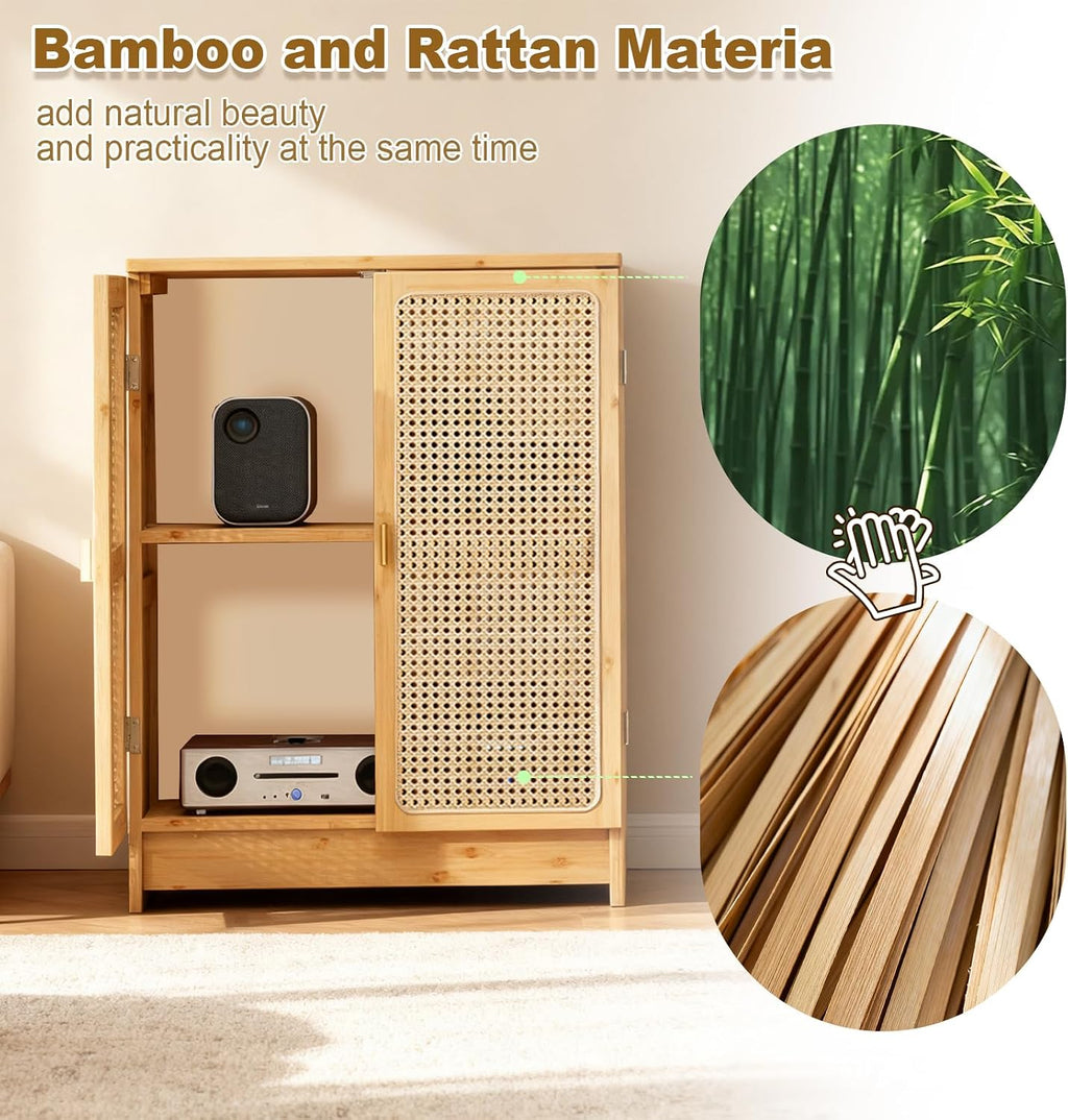 Jueraori WiFi Router Storage Cabinet with Adjustable Shelves, 2-Tier Bamboo Rattan Standing Modem Organizer Box for Home & Office, No Back Panel, 27.6' x 19.7' x 9.8'