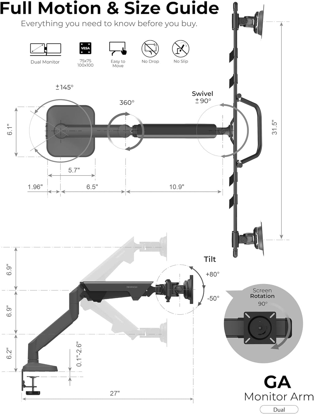 Modernsolid Dual Monitor Arm Desk Mount with Gas Spring, Fits 17–32 inches Screens up to 33 lbs, VESA 75x75/100x100, Crossbar Handle for Easy Adjustment, Black