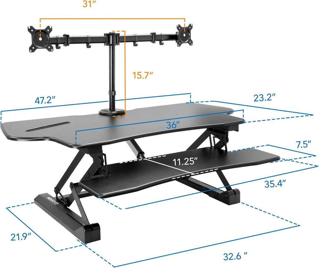 Mount-It! Electric Standing Desk Converter with Dual Monitor Arm, Stand Up Desk Riser X-Large 47.2' Wide, Electric Desk Riser with Mount for 2 Screens (Max 32'), Desktop with Keyboard Tray, USB, Black