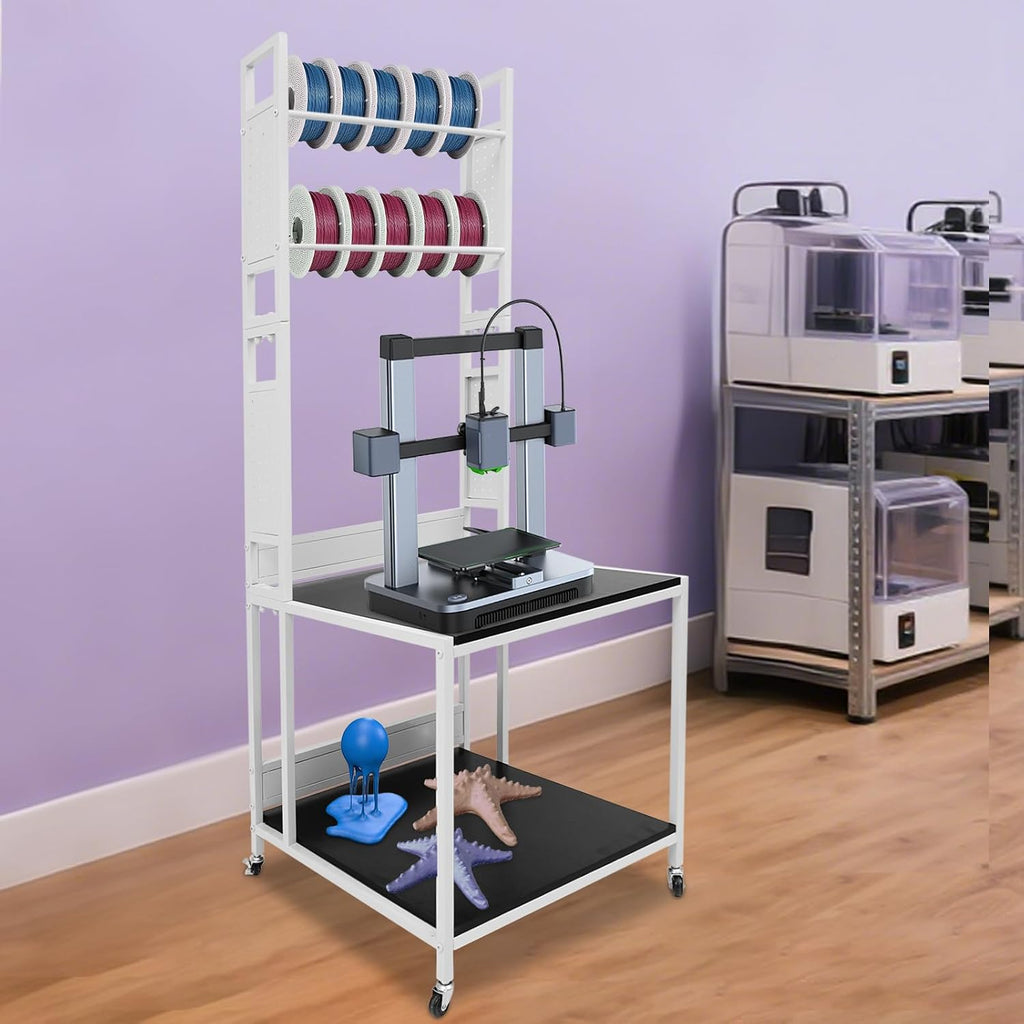 3D Printer Stand with Storage & Wheels, Heavy Duty Rolling Printer Cart 2-Tier Printer Table with Spool Rack, Locking Casters, 110 lbs Capacity (White)