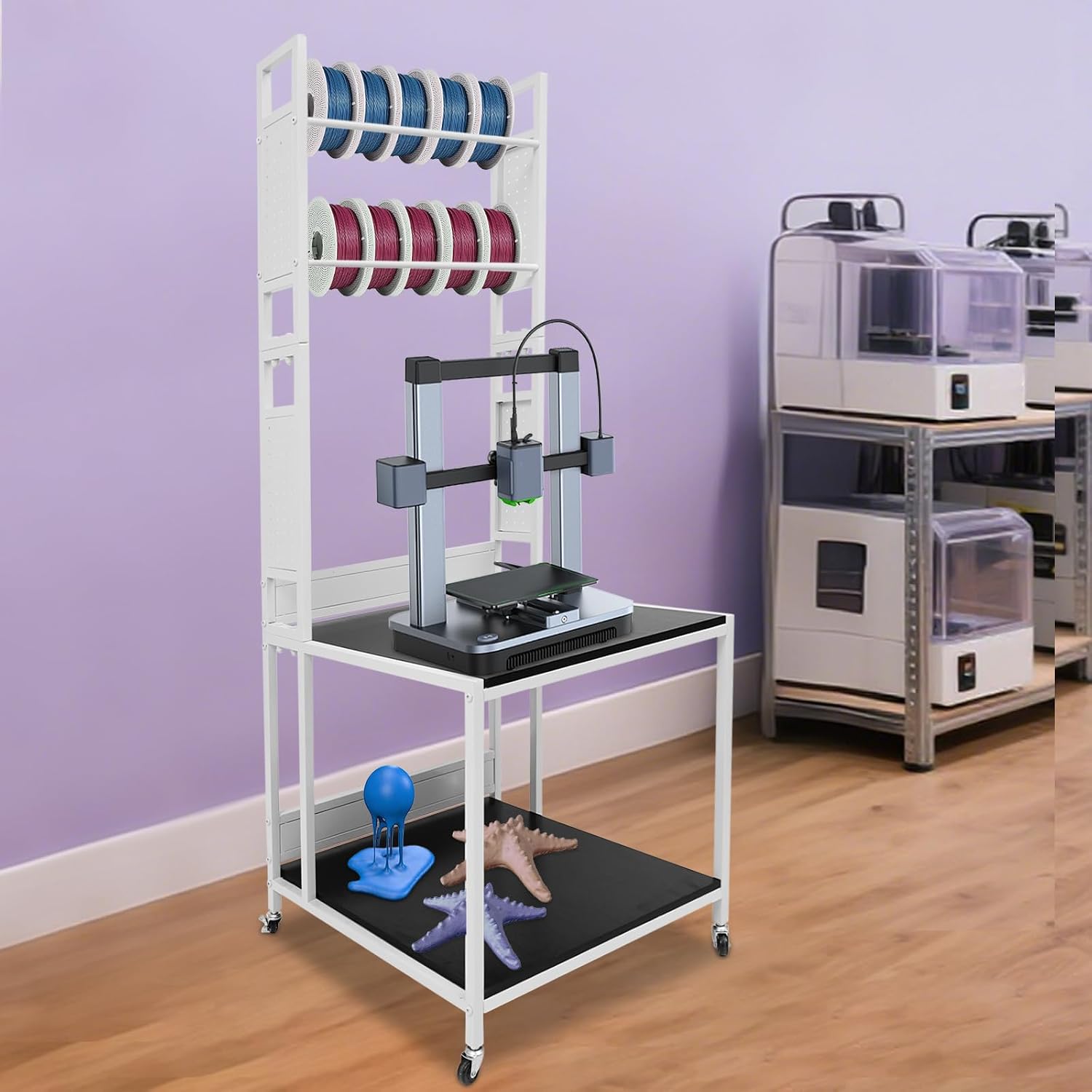 3D Printer Stand with Storage & Wheels, Heavy Duty Rolling Printer Cart 2-Tier Printer Table with Spool Rack, Locking Casters, 110 lbs Capacity (White)