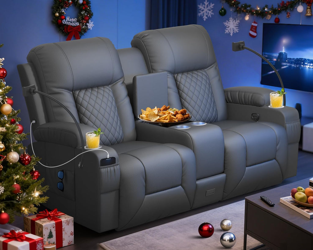 Loveseat Recliner Sofa, Home Theater Seating with Center Console, Reclining Loveseat RV Couch with USB Ports & Phone Holders, Wall Hugger RV Sofa Furniture with Storage & Pocket