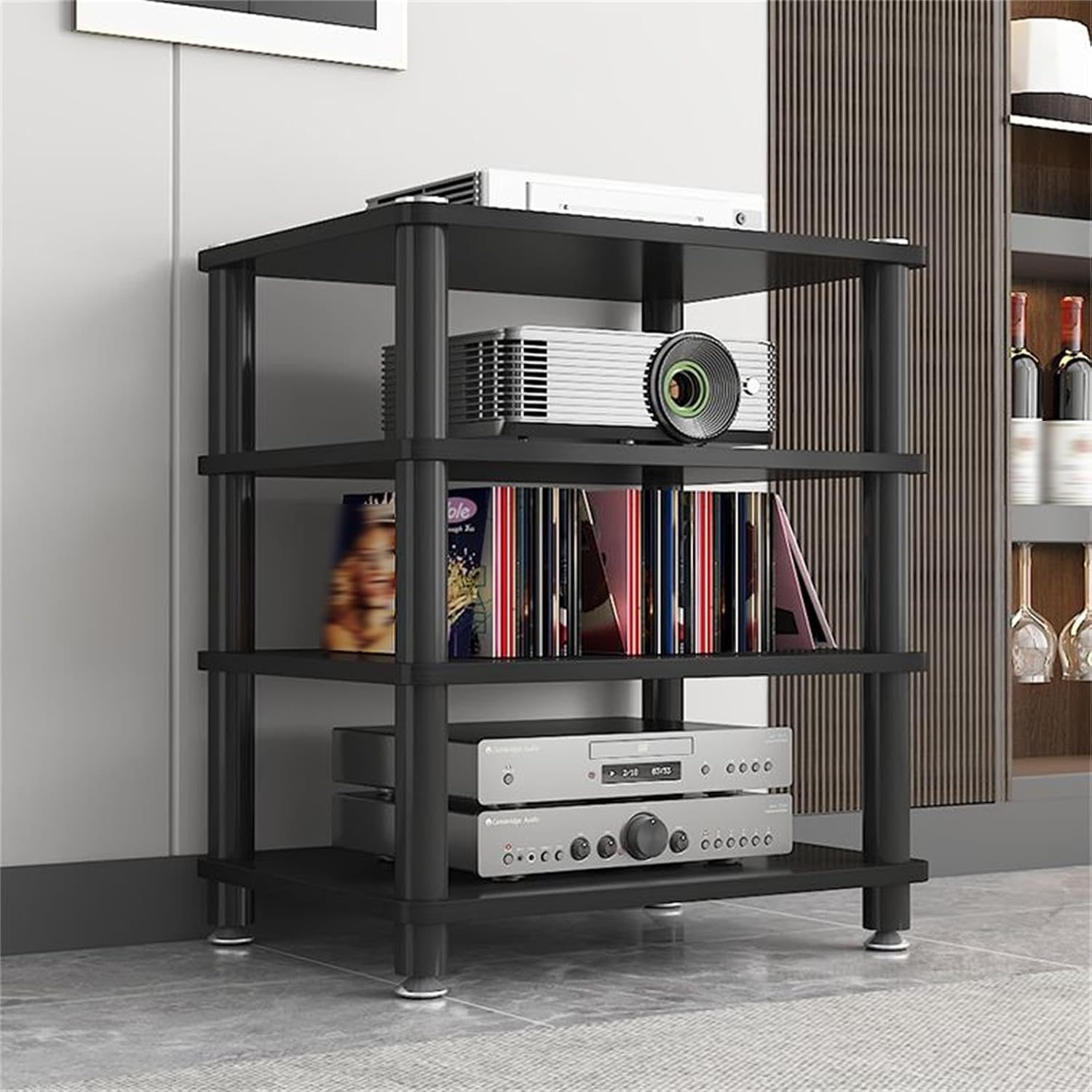 AV Media Stand 1/2/3/4 Tier Record Player DVD CD Audio Rack Tower Holder, Adjustable Media Storage Cabinet, Entertainment Stereo Racks Equipment Console Shelf,Black,4 Tier