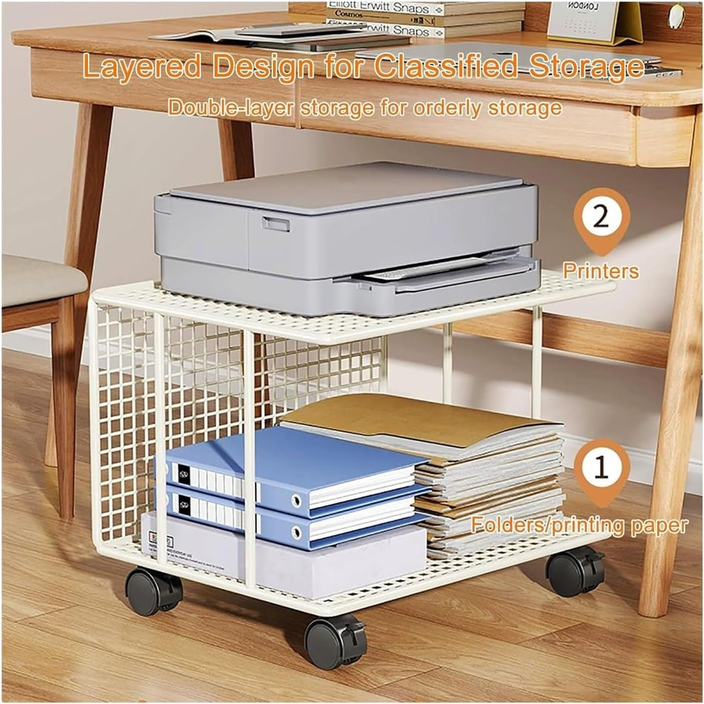 Printer Shelf,2-Tier Printer Stand Printer Cart, Under Desk Printer Shelf, Metal Printer Table with 360° Lockable Wheels, Storage Rack for 3D & Laser Printer, Scanner, Heat Press(Black,48x38x37cm)