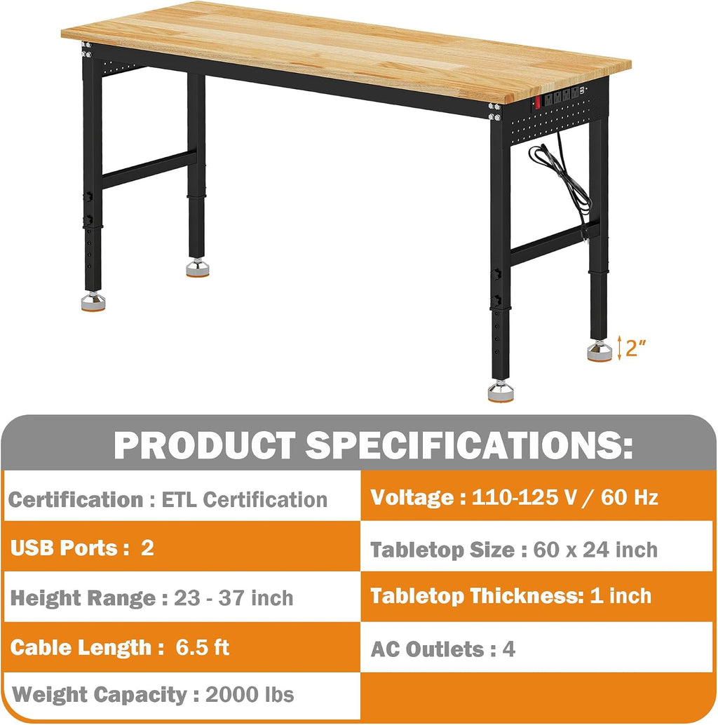 Betterhood Adjustable Height Workbench, 60' Rubber Wood Top Heavy Duty Workstation with Power Outlets, 2000 LBS Load Capacity Hardwood Worktable for Workshop, Garage, Office, Home, Commercial