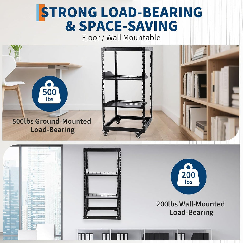 20U Open Frame Network Rack, Heavy Duty Steel Server Rack Shelf,Support Wall Mount and Floor Standing Use for IT Equipment and AV Gear, Adjustable Height 22-40in