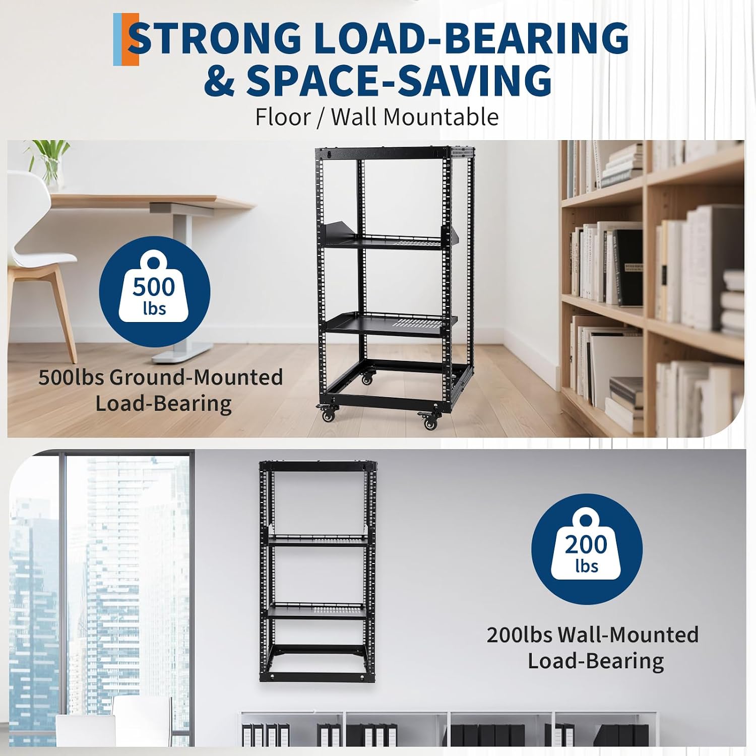 20U Open Frame Network Rack, Heavy Duty Steel Server Rack Shelf,Support Wall Mount and Floor Standing Use for IT Equipment and AV Gear, Adjustable Height 22-40in