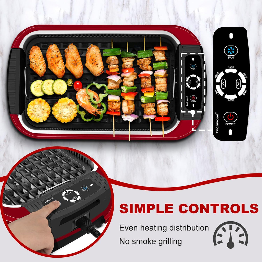 Indoor Smokeless Grill, Techwood 1500W Electric Indoor Grill with Tempered Glass Lid, Portable Non-stick Korean BBQ, Turbo Smoke Extractor Technology, Drip Tray& Double Removable Plate, Red