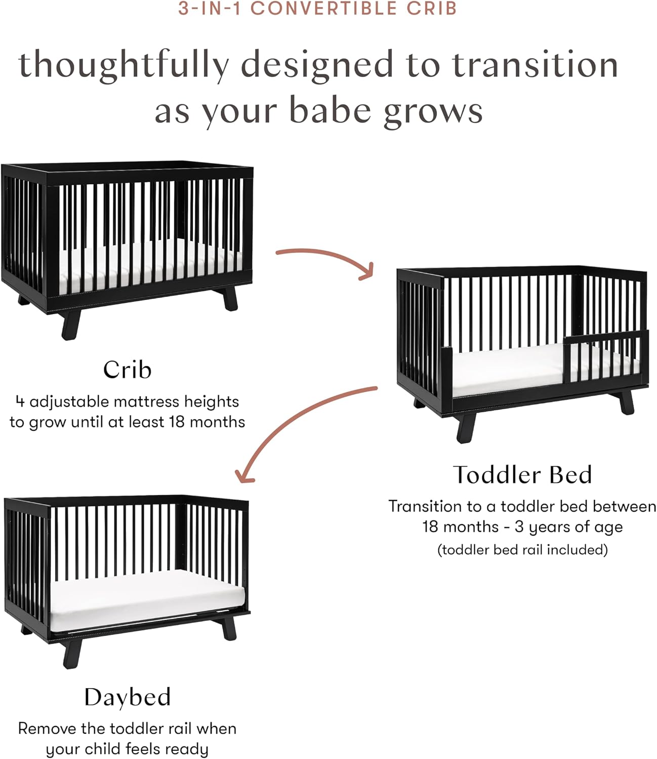Babyletto Hudson 3-in-1 Convertible Baby Crib - GREENGUARD Gold Certified Convertible Crib to Toddler Bed & Daybed - Wooden Baby Bed with 4 Adjustable Mattress Heights - Easy to Assemble - Black