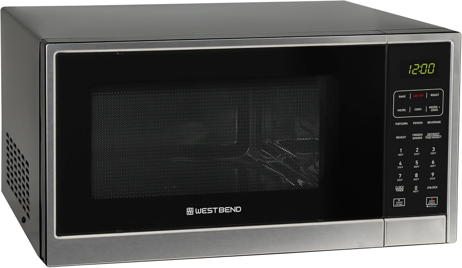 West Bend 3-in-1 Microwave Air Fryer Convection Oven 1000-Watts with 10 Power Levels and 12 Presets, Speed Defrost, Electronic Control Panel and Glass Turntable, 1.3-Cu.Ft., Stainless Steel