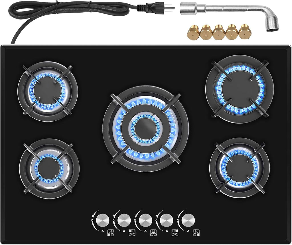 30in Countertop Gas Cooktop - 5 Burner Tempered Glass Stove Top, NG/LPG Convertible, Default for Propane Gas for RVs