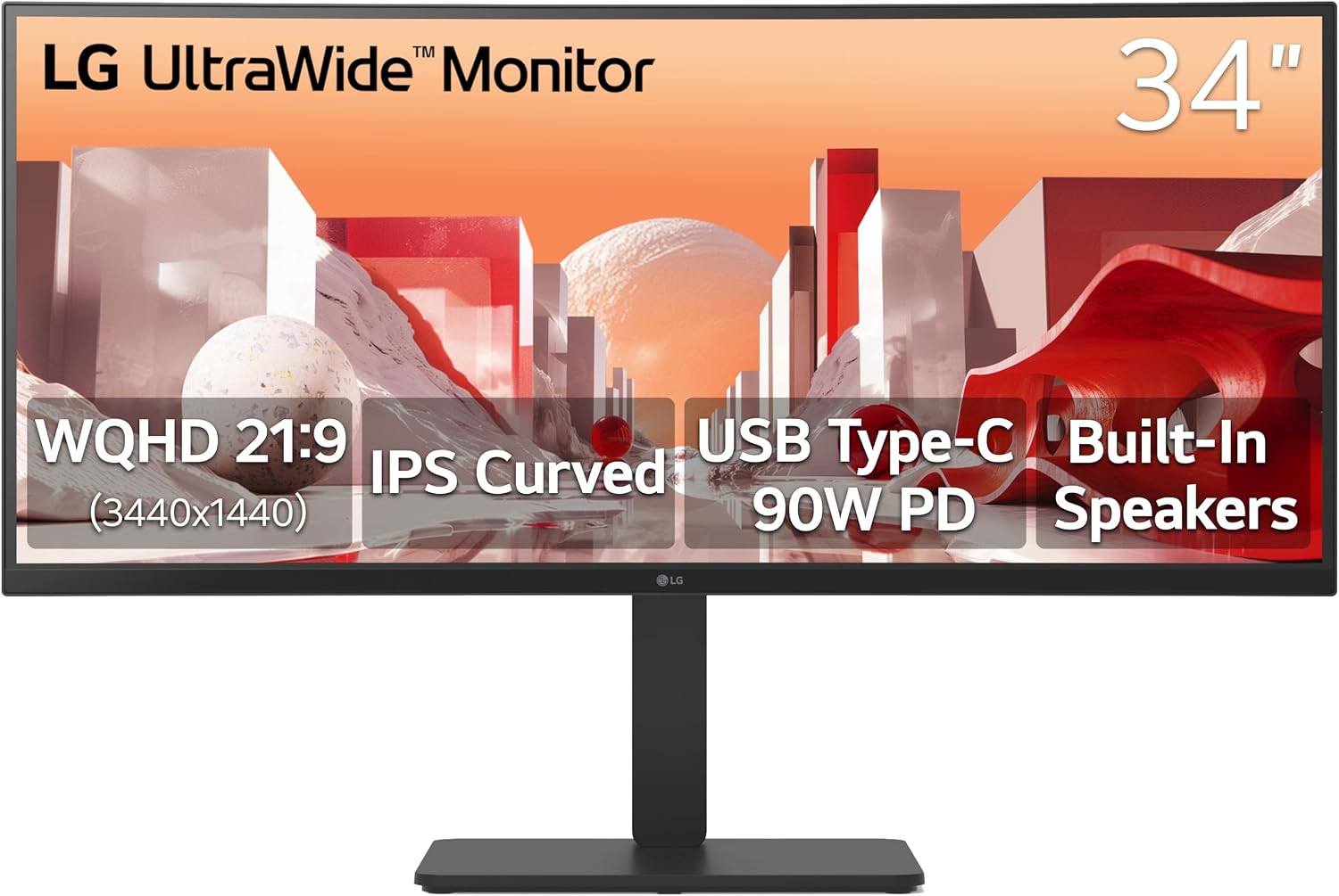 LG 34U65ZA-B UltraWide 34-Inch 3800R Curved Monitor QHD (3440 x 1440) IPS, Built-in Power, 3800R, HDR10, HDMI, DisplayPort, USB Type-C 90W PD, Built-in Speaker, Tilt/Height/Swivel Stand, Black