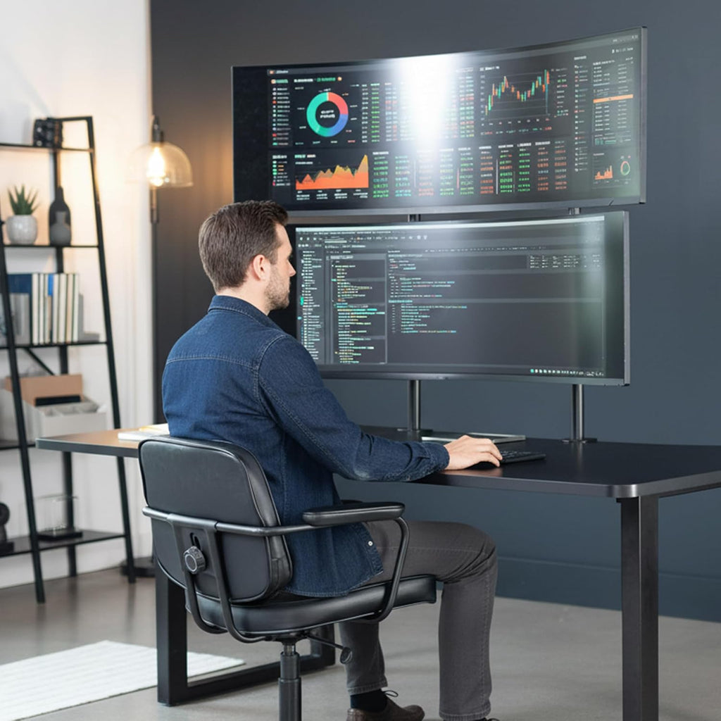 VIVO Clamp-on Double Pole Ultra Wide Monitor Desk Mount for 2 Utrawides up to 57 inches, 59.4 lbs Capacity Each, Low Profile Heavy Duty Vertical Dual Monitor Stand, Black, STAND-257C