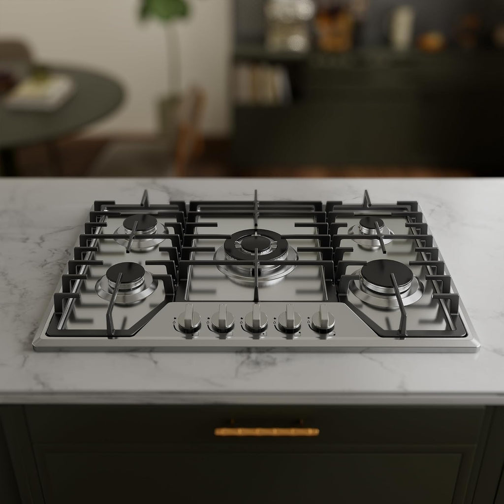 30 inch Gas Cooktop with 5 Sealed Burners, Stainless Steel Drop-in Stove Top, Dishwasher Safe Cast Iron Grates, NG/LPG Convertible, 38K BTU