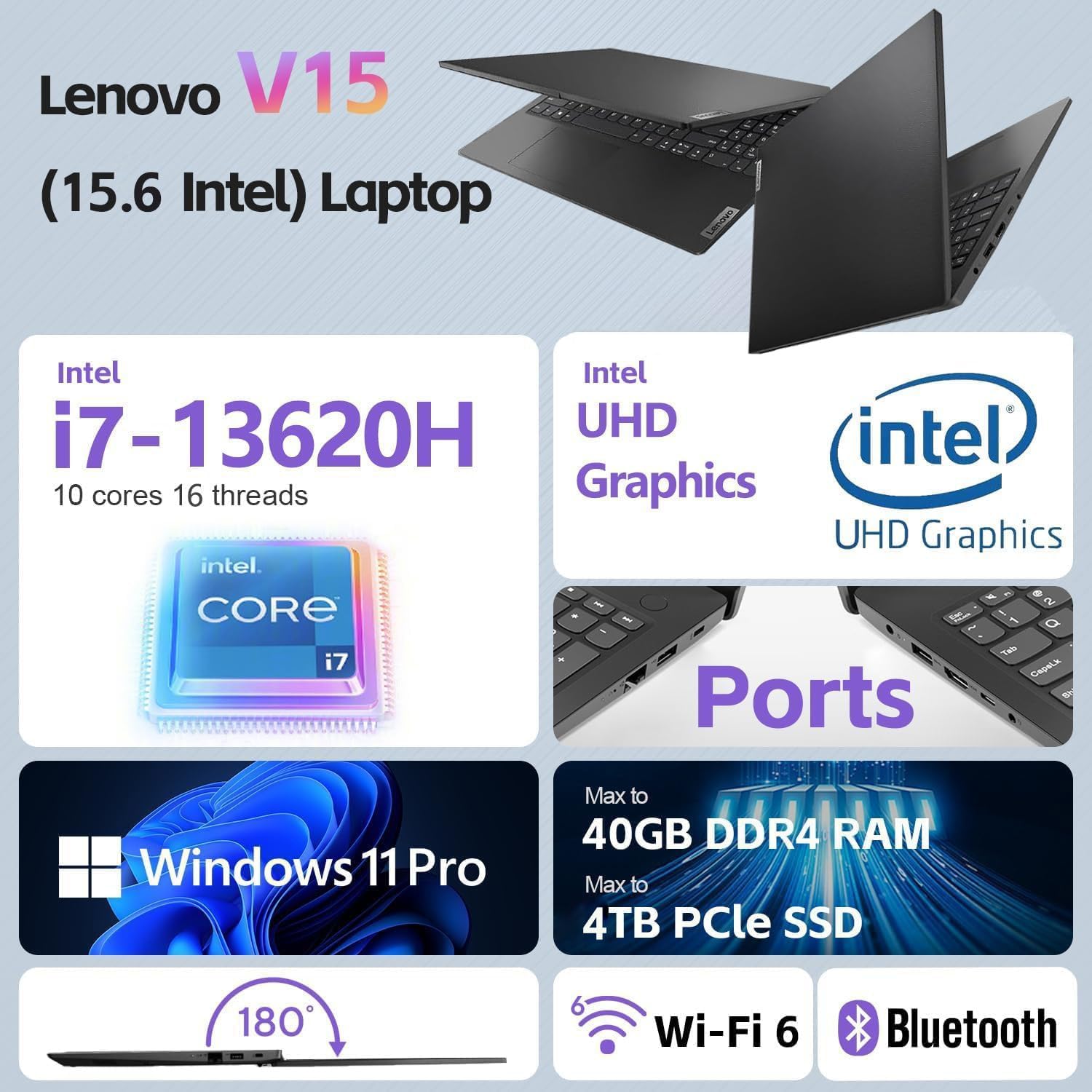 Lenovo V15 G4 15.6' Business Laptop, FHD Anti-Glare Display, Intel 10-Core i7-13620H (Beat Ultra 7 255U),16GB RAM, 1TB SSD, WiFi 6, Bluetooth 5.2, Windows 11 Pro, with 5ave 6-in-1 Accessory Kit
