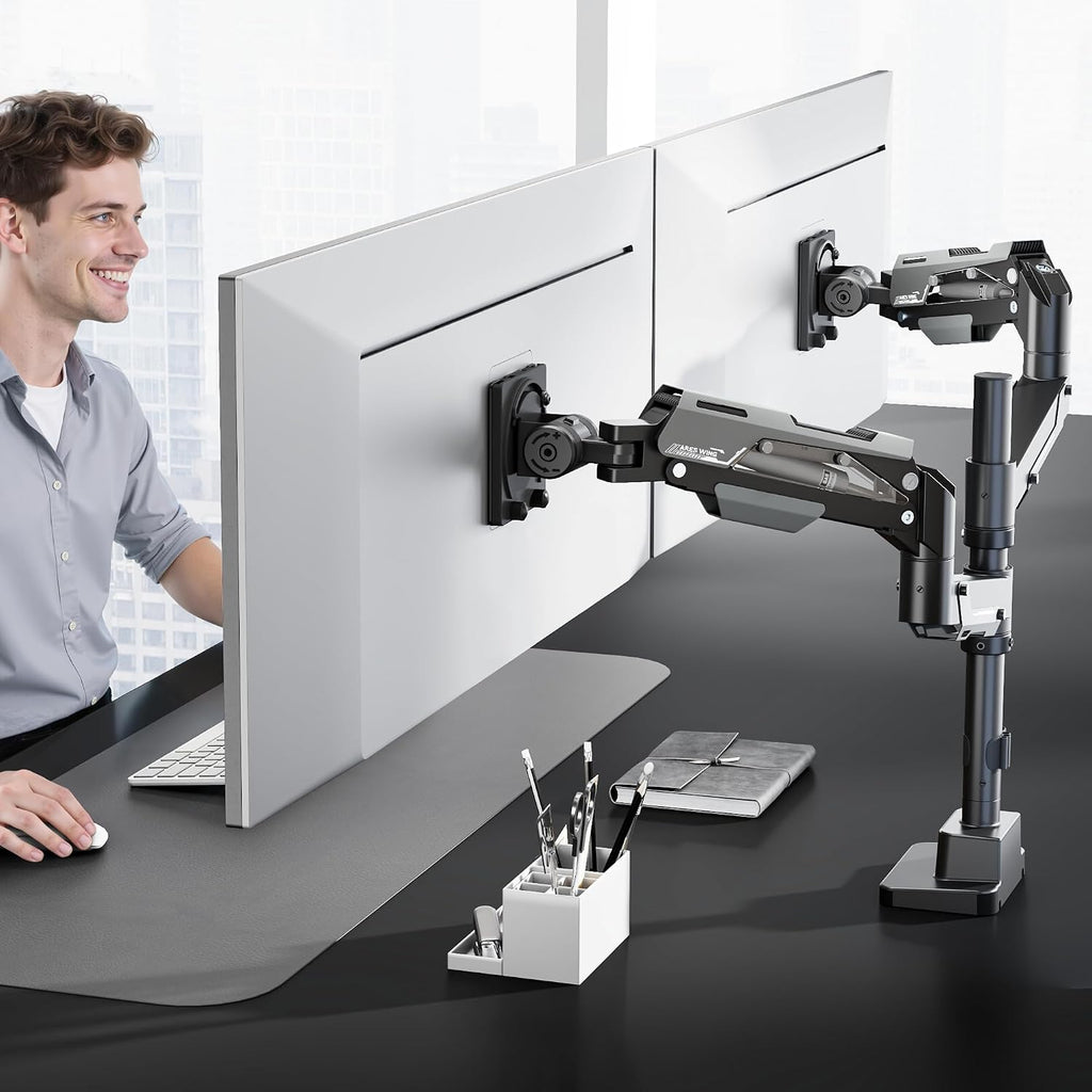 ARES WING Vertical Dual Monitor Mount - 24-57' Aluminum Heavy Duty Monitor Arms for 2 Monitors, Fully Adjustable Gas Spring Stacked Monitor Stand with 75/100/200 Vesa Mount, Black