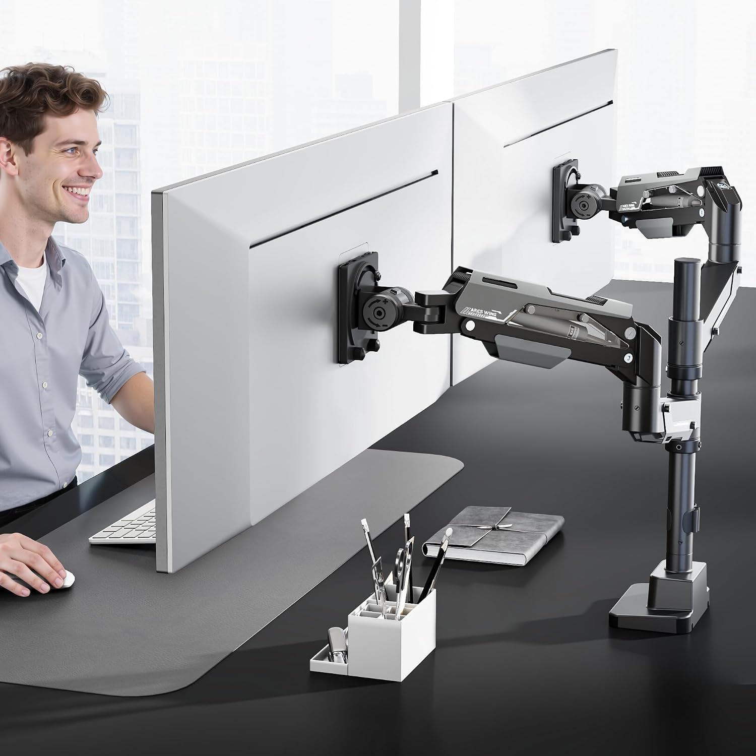 ARES WING Vertical Dual Monitor Mount - 24-57' Aluminum Heavy Duty Monitor Arms for 2 Monitors, Fully Adjustable Gas Spring Stacked Monitor Stand with 75/100/200 Vesa Mount, Black