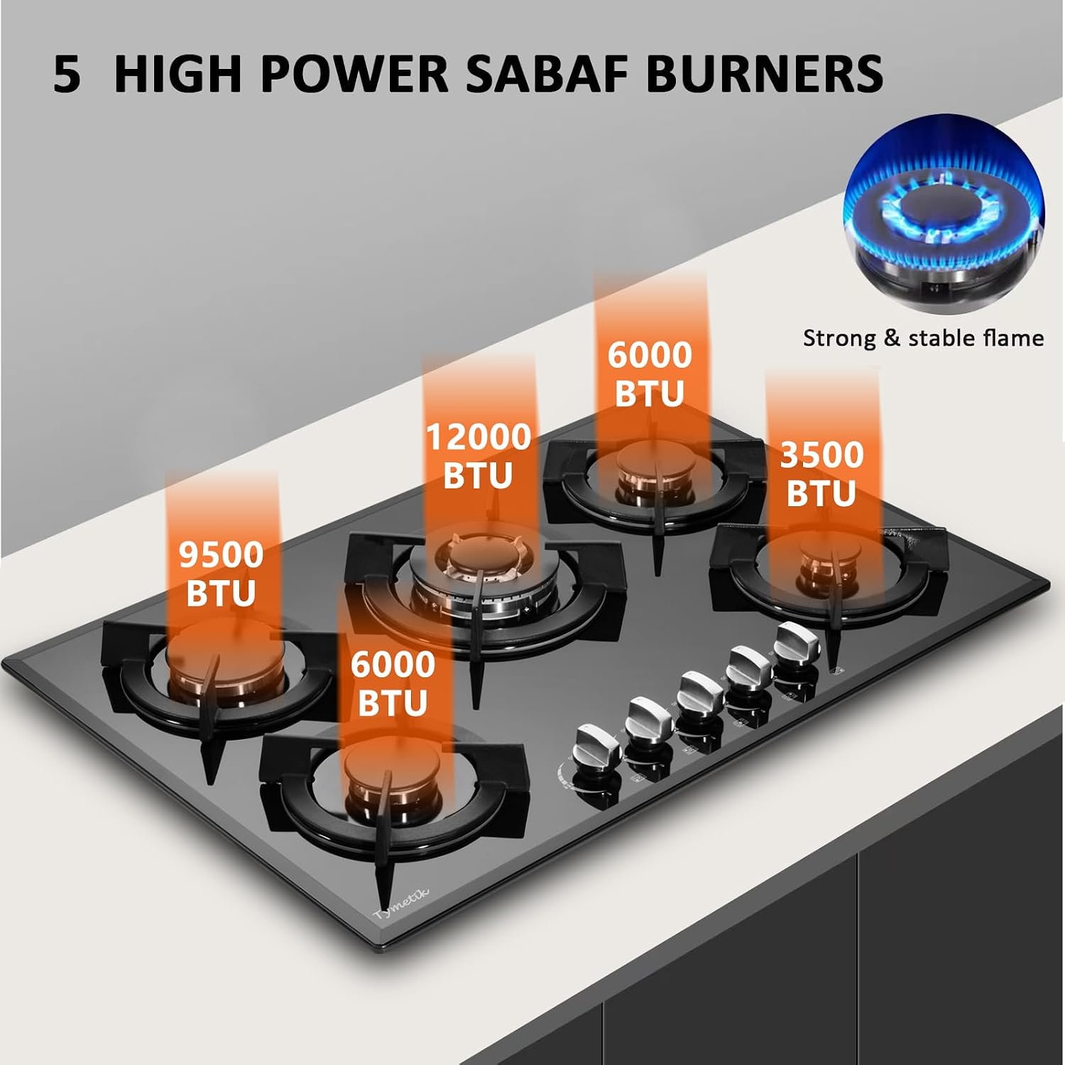 Gas Cooktop 30 Inch, Built-in Tempered Glass Gas Stovetop 5 High Efficiency Burners Gas Stove Top Propane/Natural Gas Convertible Gas Hob (Black)
