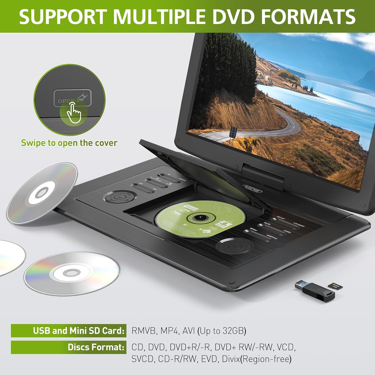 18' Portable DVD Player with Bluetooth Headset,15.6' HD Swivel Screen with Extra Carrying Bag,Support AV-in/Out and Multiple Disc Formats,High Volume Speaker,Black,[Not Support Blu-Ray]